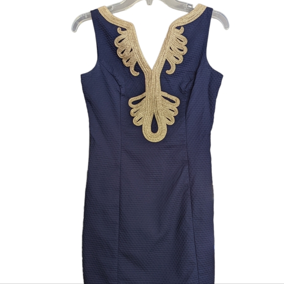 Lilly Pulitzer Janice Navy Blue and Gold Shift Dress - Picture 2 of 9